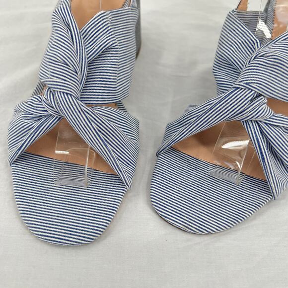 J. CREW Twisted-Knot Penny Sandals 8.5 Blue White Pinstripe Glitter Block Heel - Picture 4 of 10